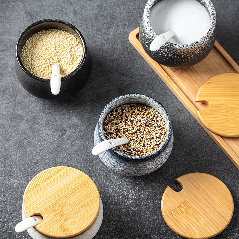 Kitchen Supplies Ceramic Wooden Lid Spoon Seasoning Bottle